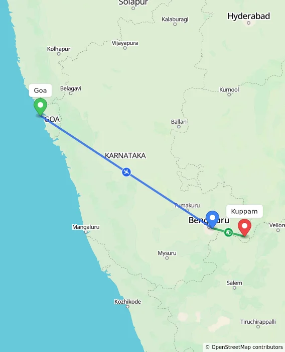 Route map showing distance and travel time from Goa, India to Kuppam, India