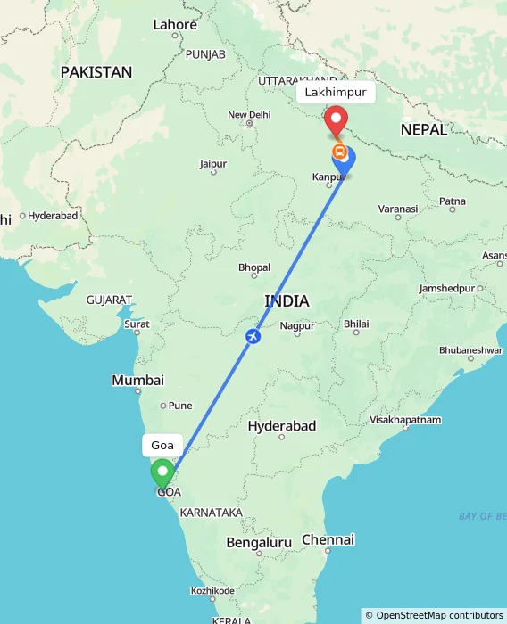 Route map showing distance and travel time from Goa, India to Lakhimpur, India