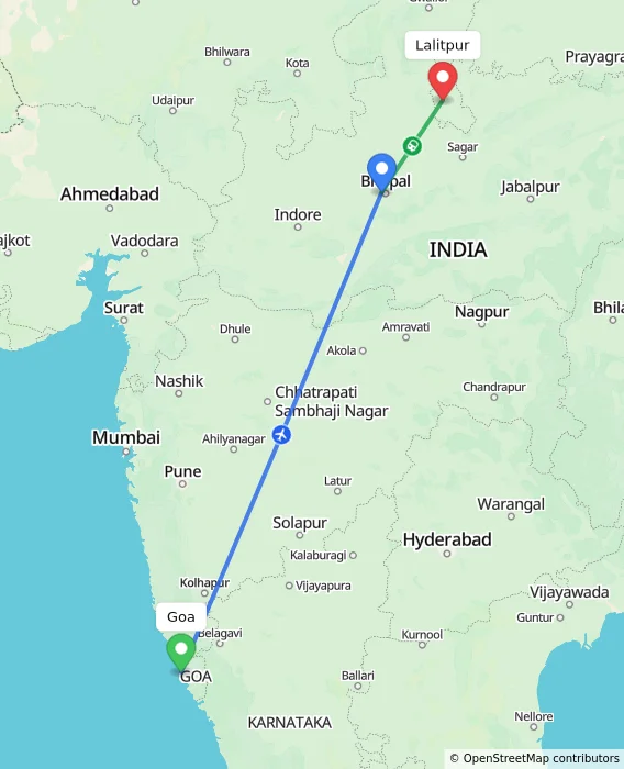 Route map showing distance and travel time from Goa, India to Lalitpur, India