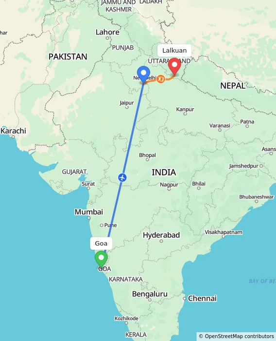 Route map showing distance and travel time from Goa, India to Lalkuan, India