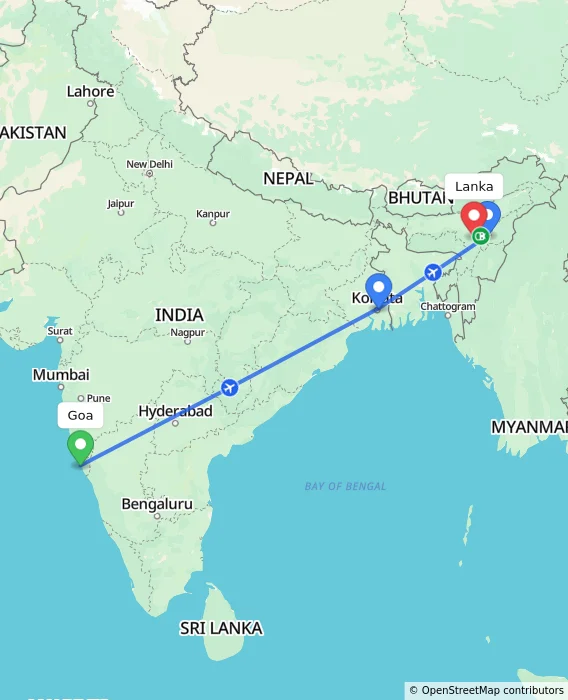 Route map showing distance and travel time from Goa, India to Lanka, India