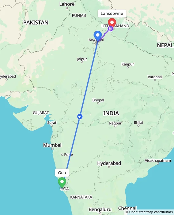 Route map showing distance and travel time from Goa, India to Lansdowne, India