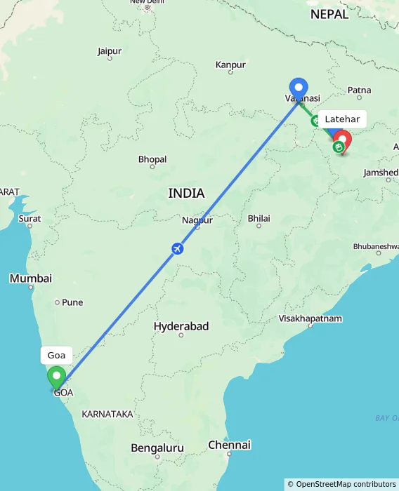 Route map showing distance and travel time from Goa, India to Latehar, India