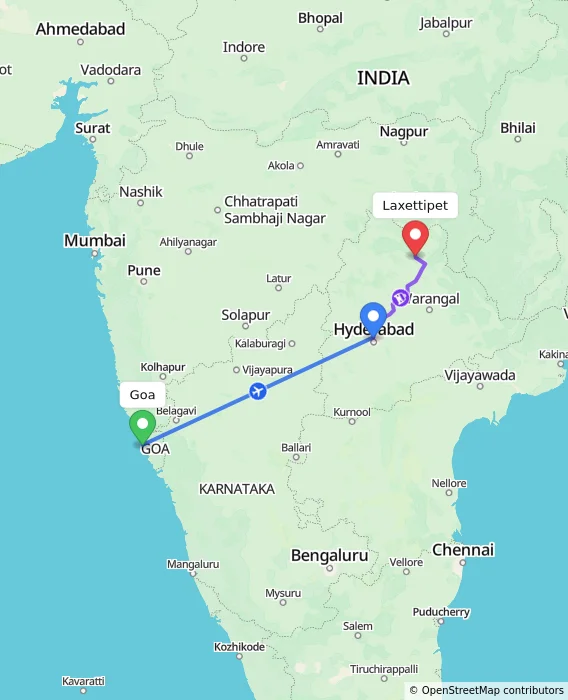 Route map showing distance and travel time from Goa, India to Laxettipet, India