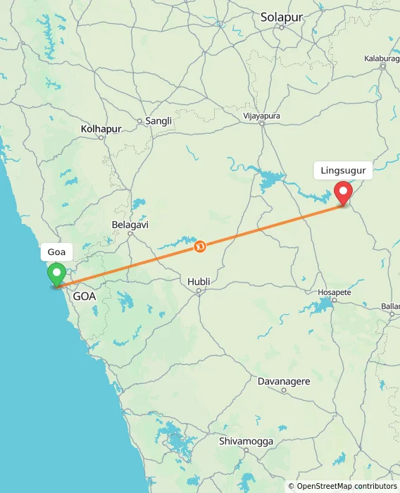 Route map showing distance and travel time from Goa, India to Lingsugur, India