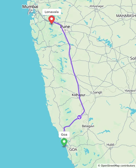Route map showing distance and travel time from Goa, India to Lonavala, India