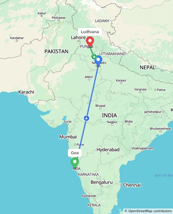 Route map showing distance and travel time from Goa, India to Ludhiana, India