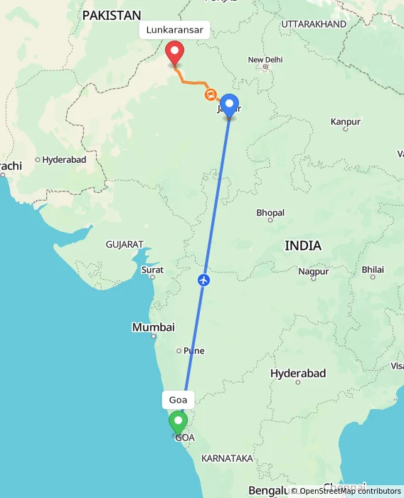 Route map showing distance and travel time from Goa, India to Lunkaransar, India