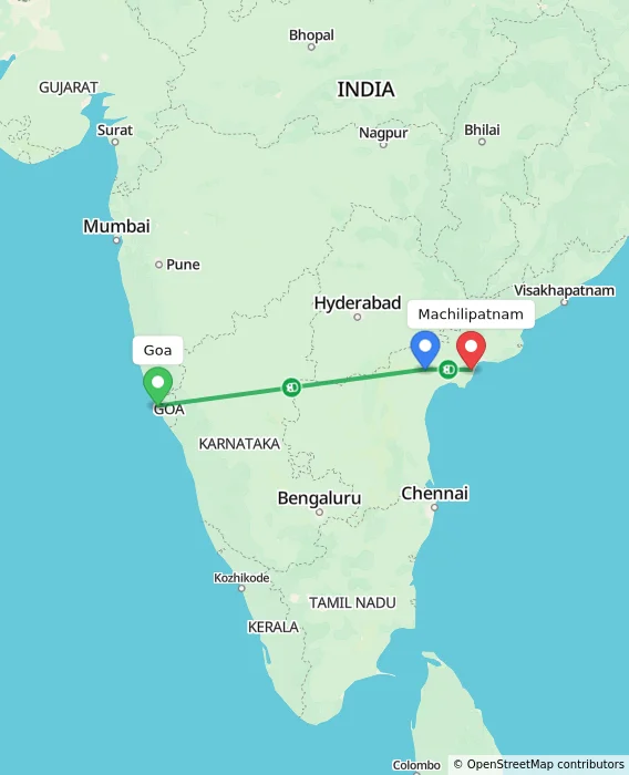 Route map showing distance and travel time from Goa, India to Machilipatnam, India