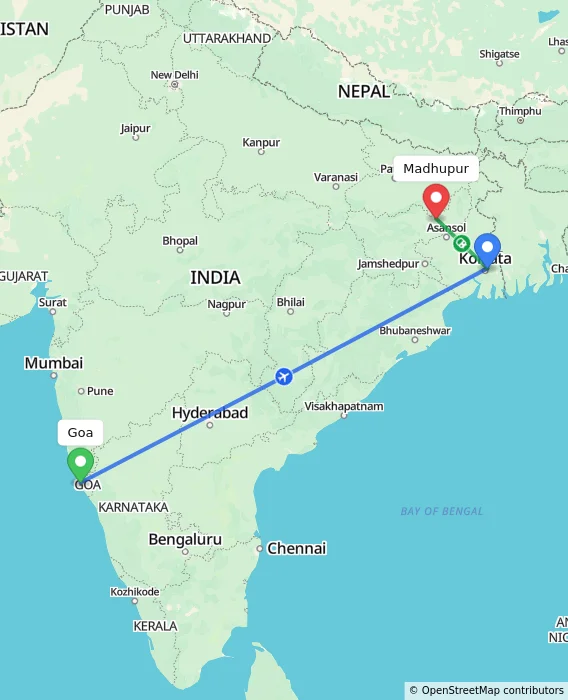 Route map showing distance and travel time from Goa, India to Madhupur, India