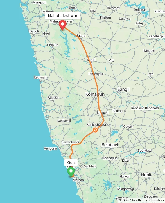 Route map showing distance and travel time from Goa, India to Mahabaleshwar, India