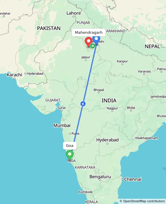 Route map showing distance and travel time from Goa, India to Mahendragarh, India