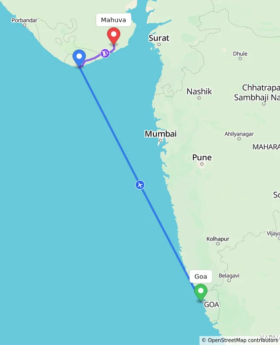 Route map showing distance and travel time from Goa, India to Mahuva, India