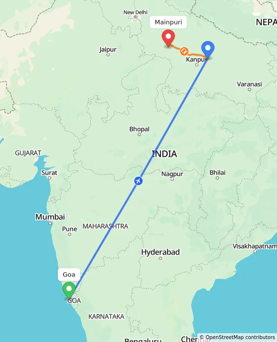 Route map showing distance and travel time from Goa, India to Mainpuri, India
