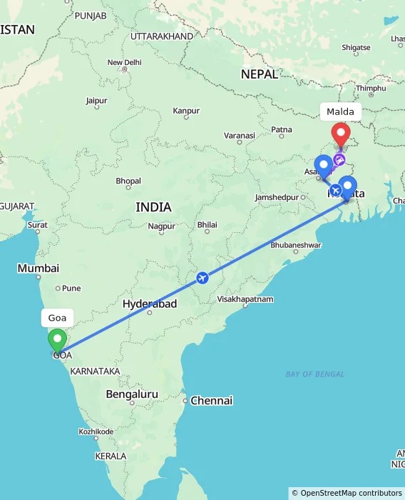 Route map showing distance and travel time from Goa, India to Malda, India