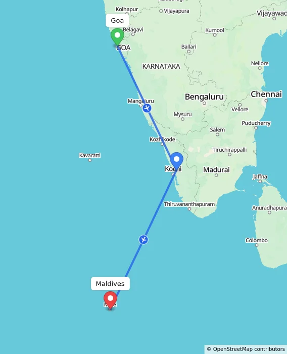 Route map showing distance and travel time from Goa, India to Maldives, Maldives