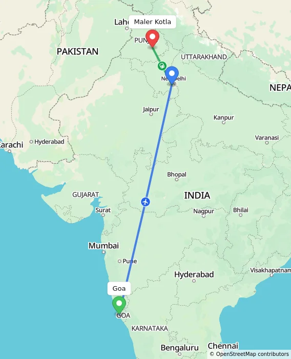 Route map showing distance and travel time from Goa, India to Maler Kotla, India
