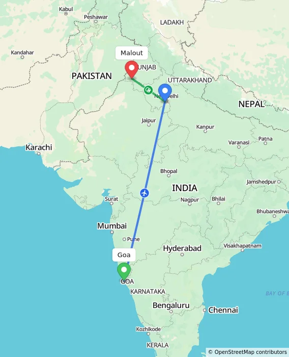 Route map showing distance and travel time from Goa, India to Malout, India