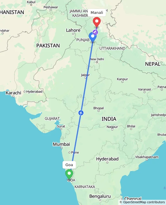 Route map showing distance and travel time from Goa, India to Manali, India