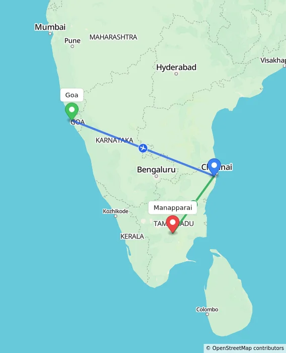 Route map showing distance and travel time from Goa, India to Manapparai, India