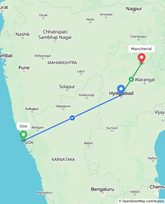 Route map showing distance and travel time from Goa, India to Mancherial, India