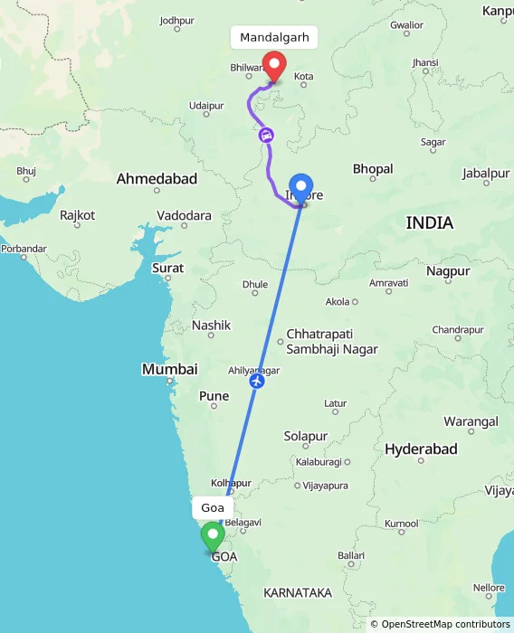 Route map showing distance and travel time from Goa, India to Mandalgarh, India