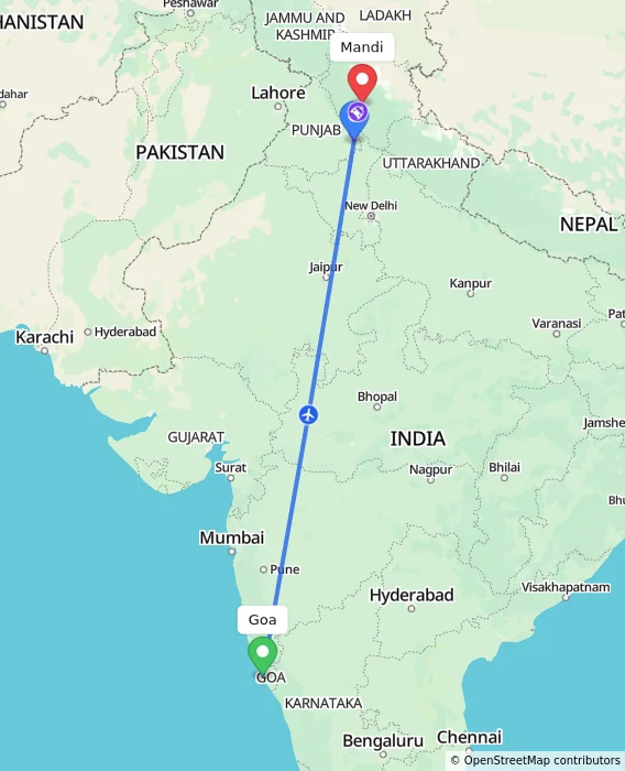 Route map showing distance and travel time from Goa, India to Mandi, India