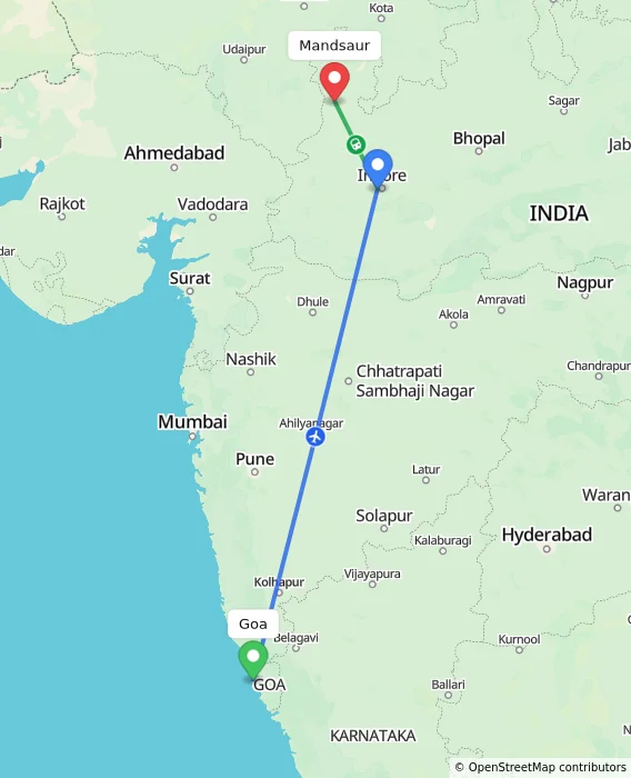 Route map showing distance and travel time from Goa, India to Mandsaur, India