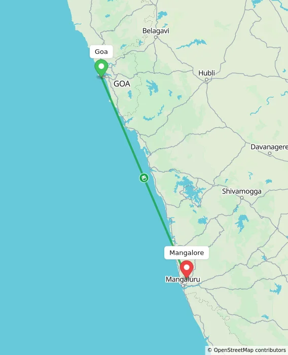 Route map showing distance and travel time from Goa, India to Mangalore, India