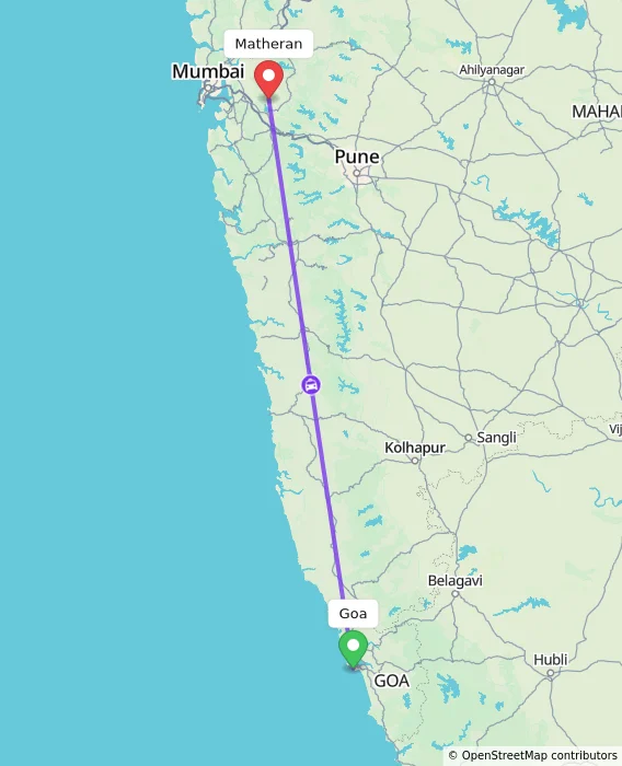 Route map showing distance and travel time from Goa, India to Matheran, India