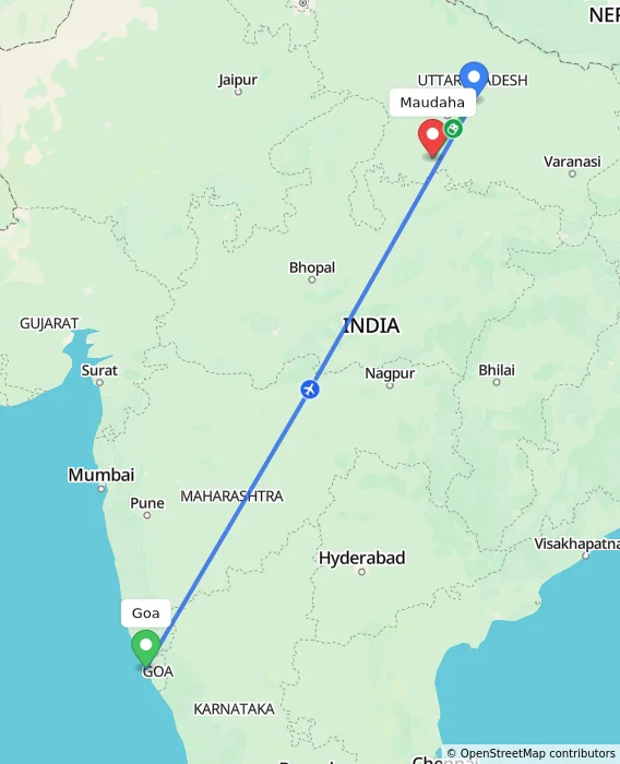 Route map showing distance and travel time from Goa, India to Maudaha, India