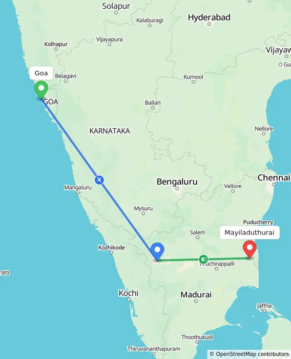 Route map showing distance and travel time from Goa, India to Mayiladuthurai, India