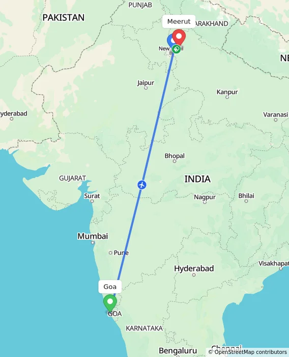 Route map showing distance and travel time from Goa, India to Meerut, India