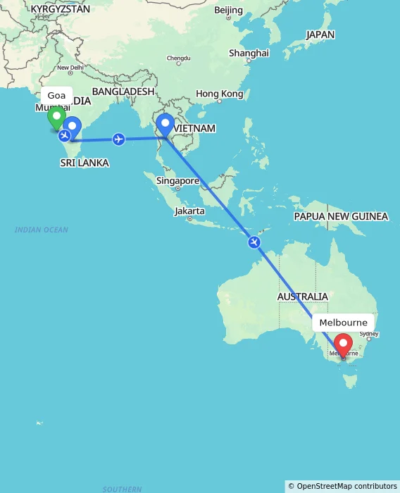 Route map showing distance and travel time from Goa, India to Melbourne, Australia