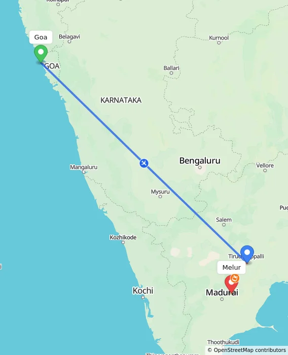 Route map showing distance and travel time from Goa, India to Melur, India