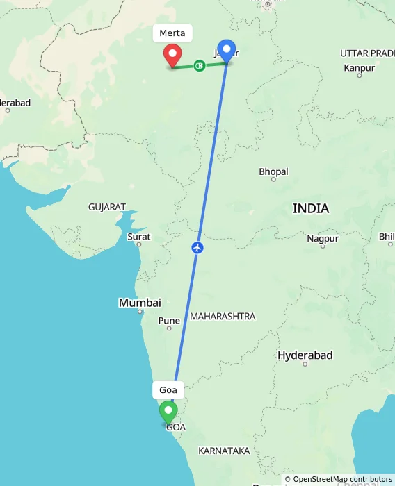 Route map showing distance and travel time from Goa, India to Merta, India