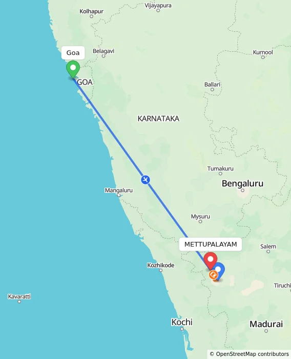 Route map showing distance and travel time from Goa, India to METTUPALAYAM, India