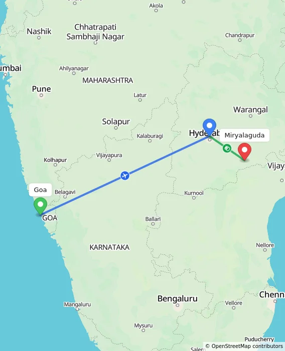 Route map showing distance and travel time from Goa, India to Miryalaguda, India