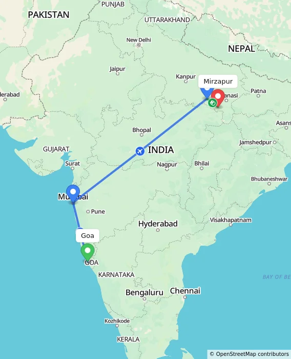 Route map showing distance and travel time from Goa, India to Mirzapur, India