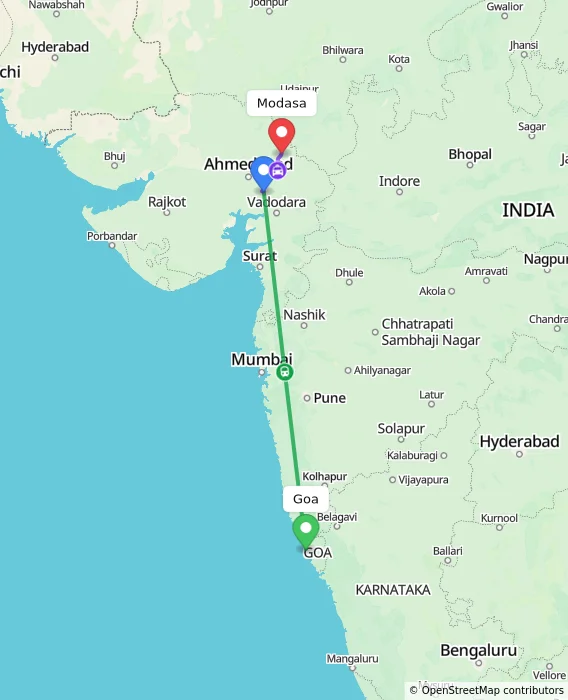 Route map showing distance and travel time from Goa, India to Modasa, India
