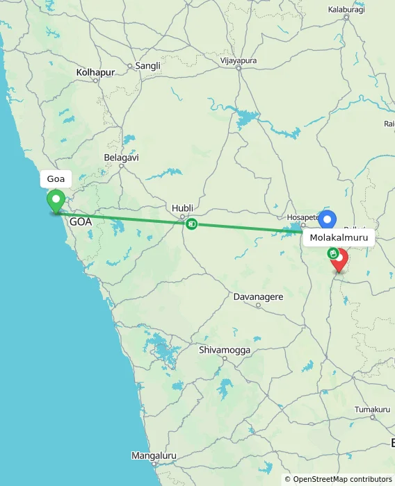 Route map showing distance and travel time from Goa, India to Molakalmuru, India