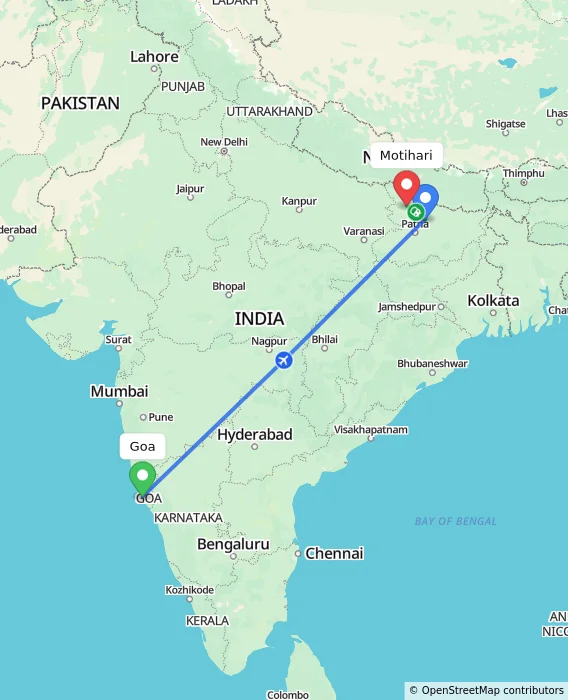Route map showing distance and travel time from Goa, India to Motihari, India