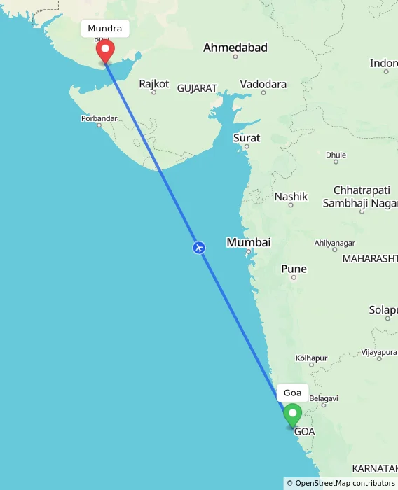 Route map showing distance and travel time from Goa, India to Mundra, India
