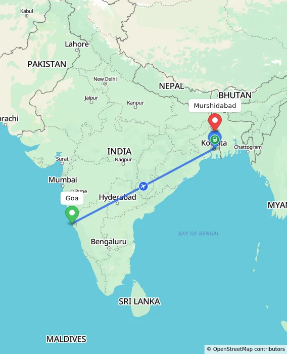 Route map showing distance and travel time from Goa, India to Murshidabad, India