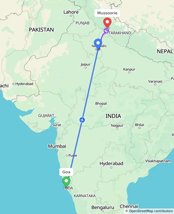 Route map showing distance and travel time from Goa, India to Mussoorie, India