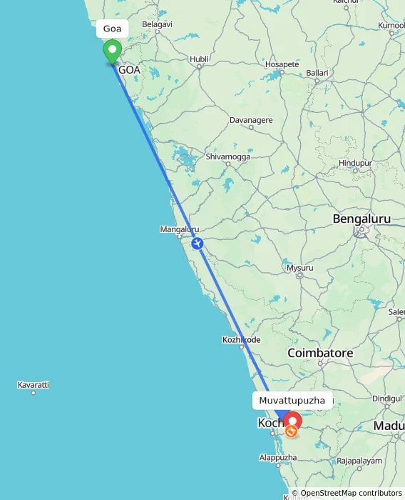 Route map showing distance and travel time from Goa, India to Muvattupuzha, India