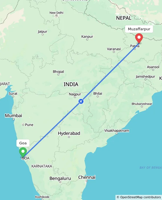 Route map showing distance and travel time from Goa, India to Muzaffarpur, India