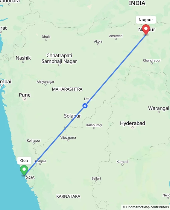 Route map showing distance and travel time from Goa, India to Nagpur, India