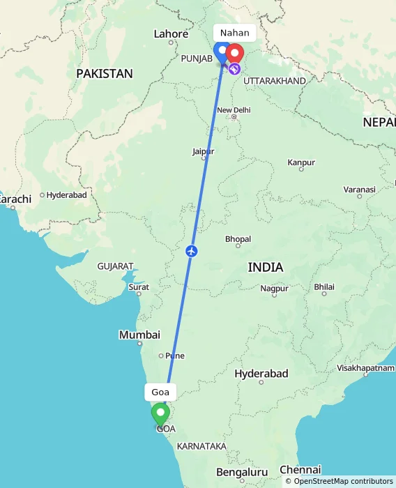 Route map showing distance and travel time from Goa, India to Nahan, India