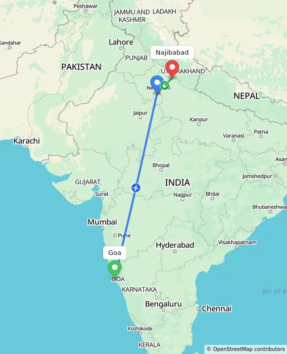 Route map showing distance and travel time from Goa, India to Najibabad, India